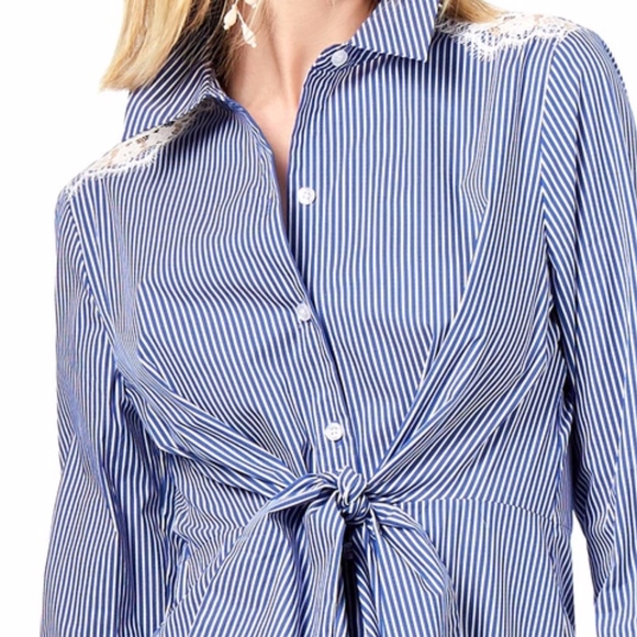 INC Petite Tie Front Lace Inset Shirt - Picture 2 of 2